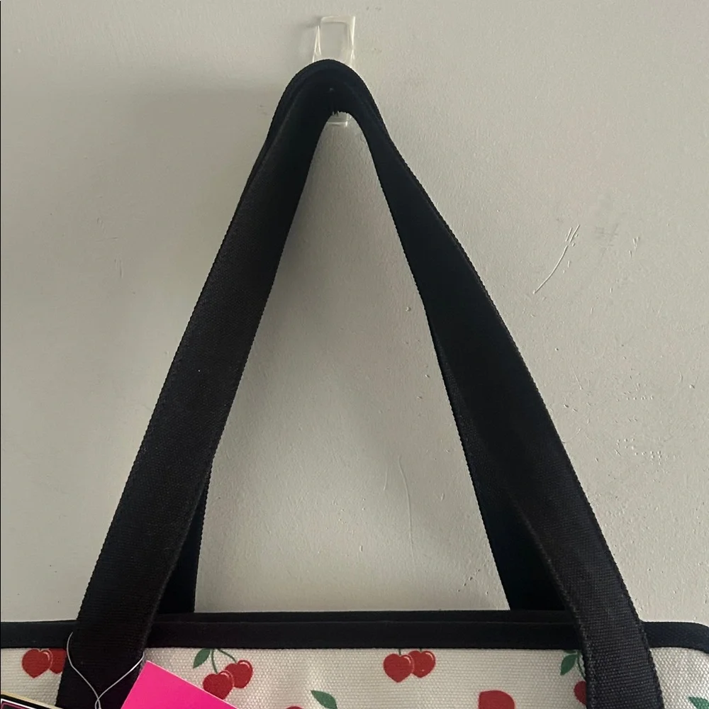 Betsey Johnson, Pet Carrier White Cherry Print Tote with Black Trim